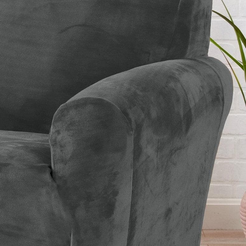 Velvet stretch slipcover for armchair in charcoal gray, Gale Collection by Great Bay Home on Tampa Home & Garden Store