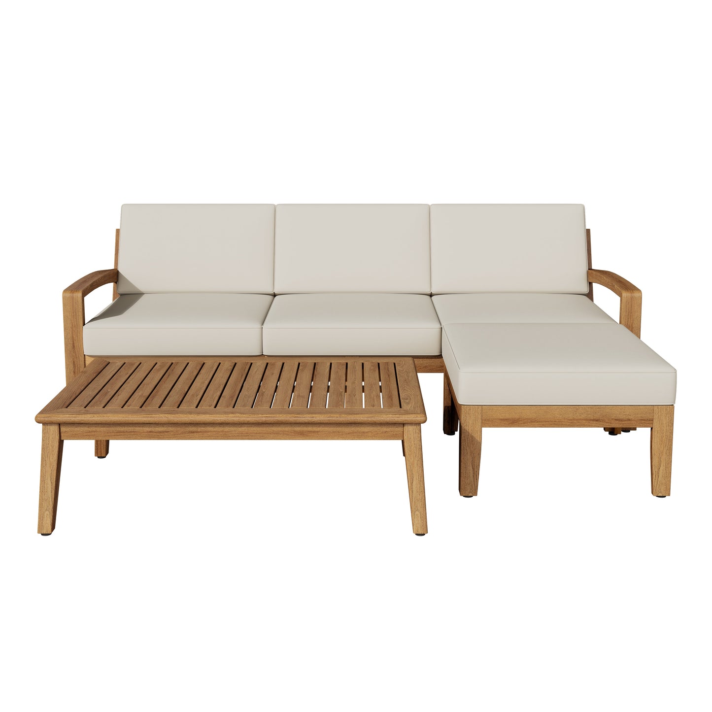 Outdoor L-shaped 3-piece acacia wood patio sofa set by HouseOfZazla with cream cushions on Tampa Home & Garden Store