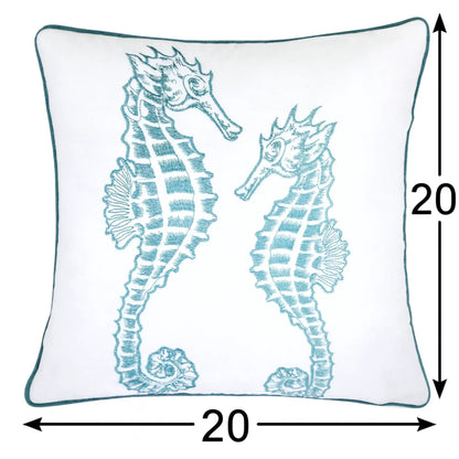Seahorses pillow cover with matching back, white fabric and teal seahorse print teal piping on Tampa Home & Garden Store