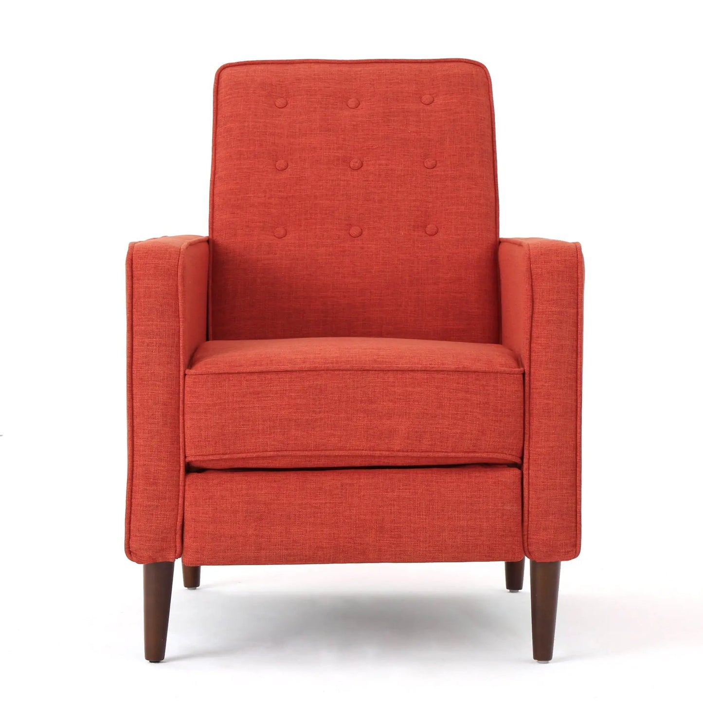 Mid-Century Modern recliner in orange fabric with button tufting and dark wood legs on Tampa Home & Garden Store
