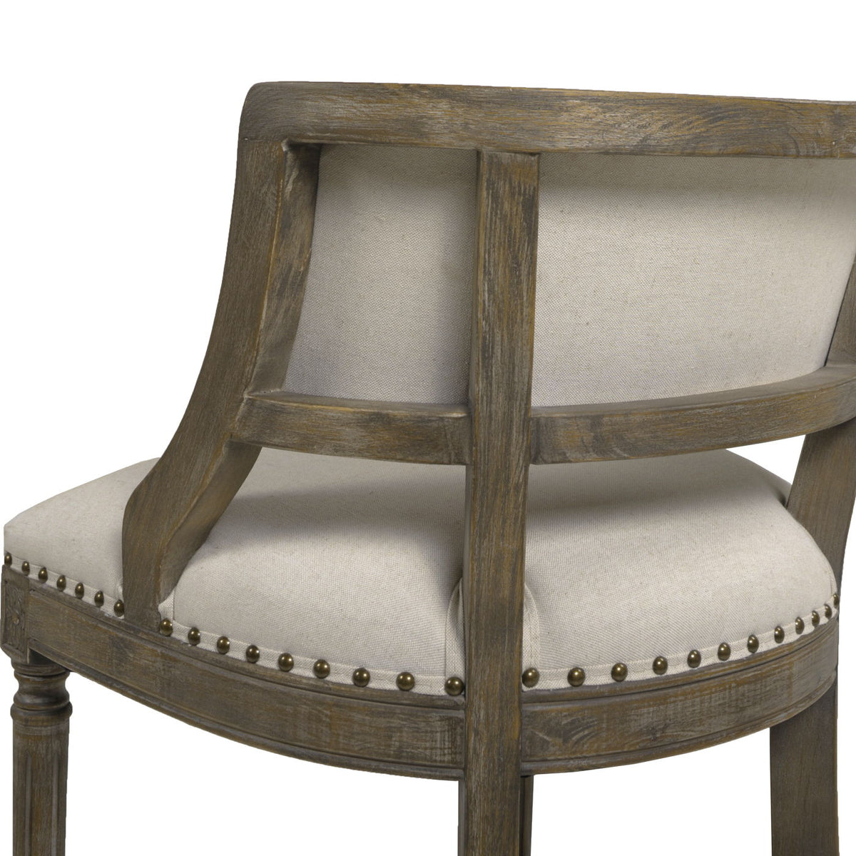 Farmhouse counter height bar stool with backrest in beige, upholstered, rustic wood frame on Tampa Home & Garden Store