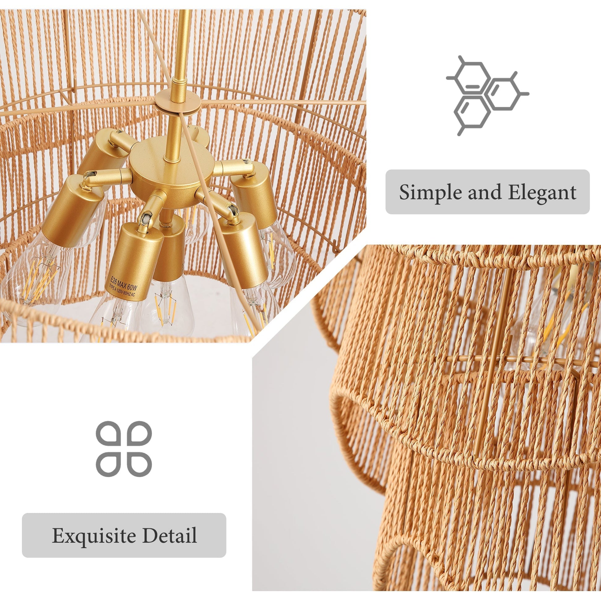 Handwoven paper rattan boho chandelier with 7-light E26 base, gold finish on Tampa Home & Garden Store