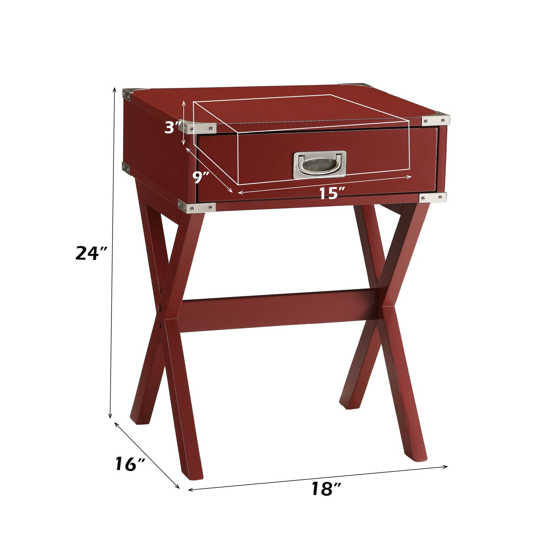 Babs accent table by HouseOfZazla, red wood with silver hardware, single drawer 18x16x24 in on Tampa Home & Garden Store