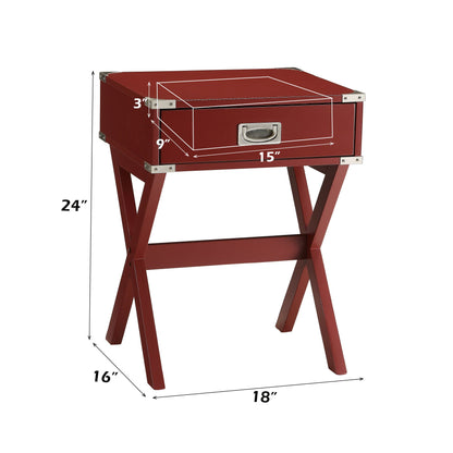 Babs accent table by HouseOfZazla, red wood with silver hardware, single drawer 18x16x24 in on Tampa Home & Garden Store