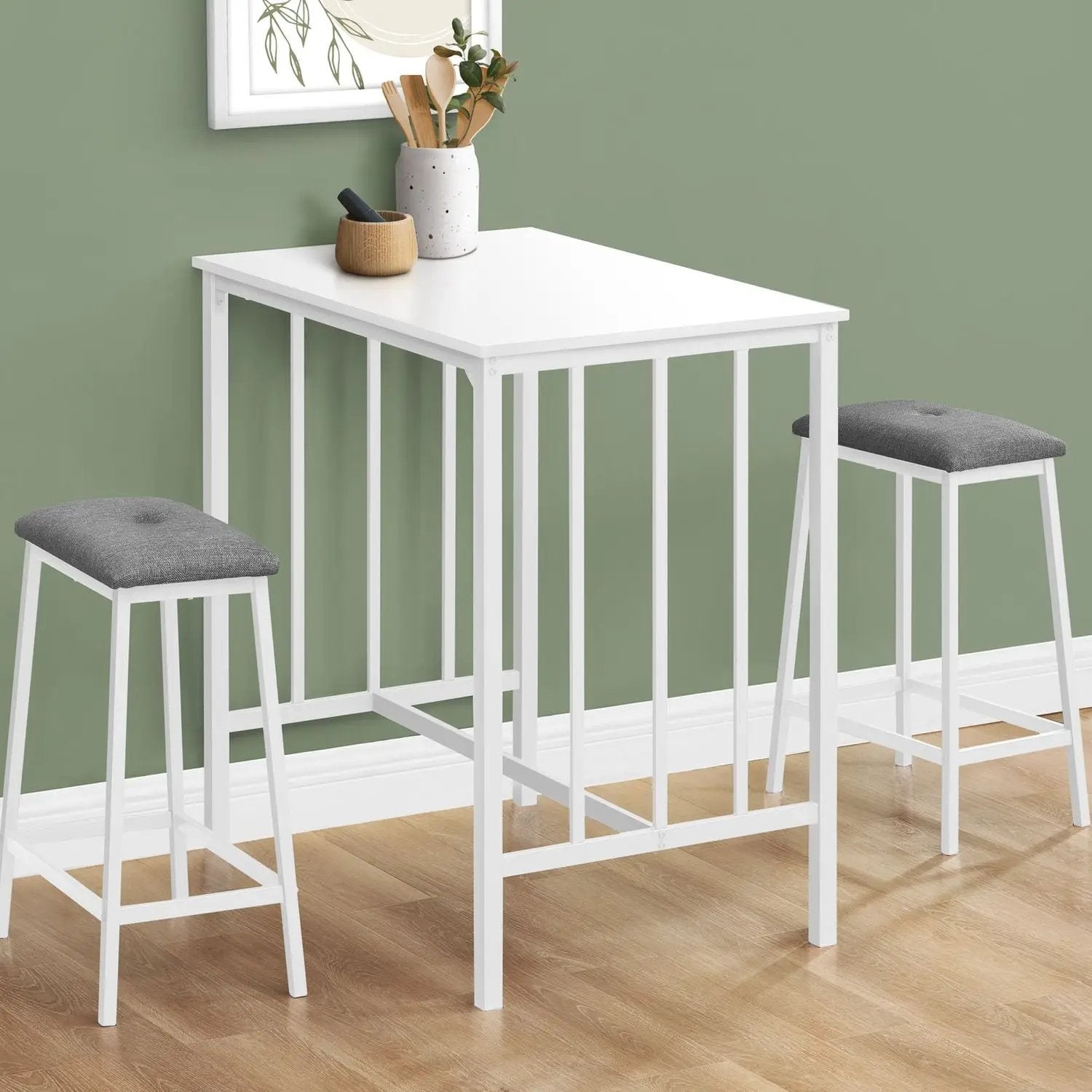 3 Piece counter-height dining set with white table and stools with gray cushions, contemporary on Tampa Home & Garden Store