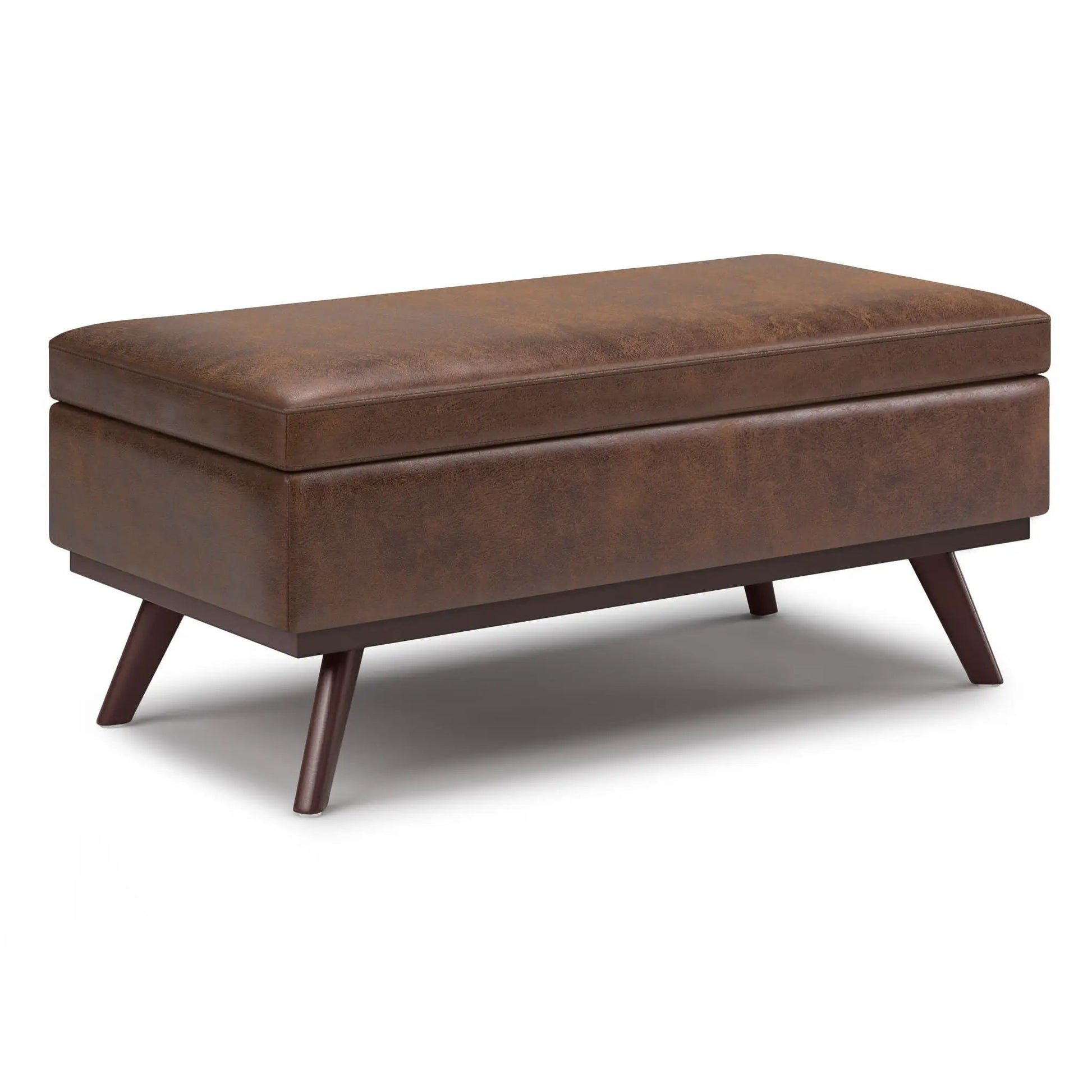 Owen lift-top storage ottoman, brown leather-look upholstery, mid-century style on Tampa Home & Garden Store