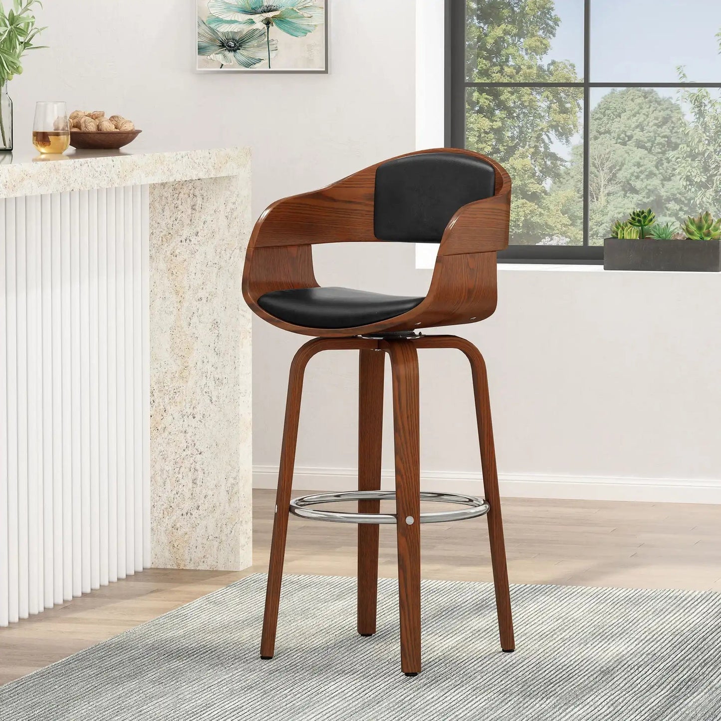 Two modern swivel bar stools by HouseOfZazla with warm wood frame and black padded seats on Tampa Home & Garden Store