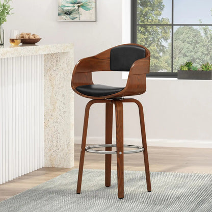 Two modern swivel bar stools by HouseOfZazla with warm wood frame and black padded seats on Tampa Home & Garden Store