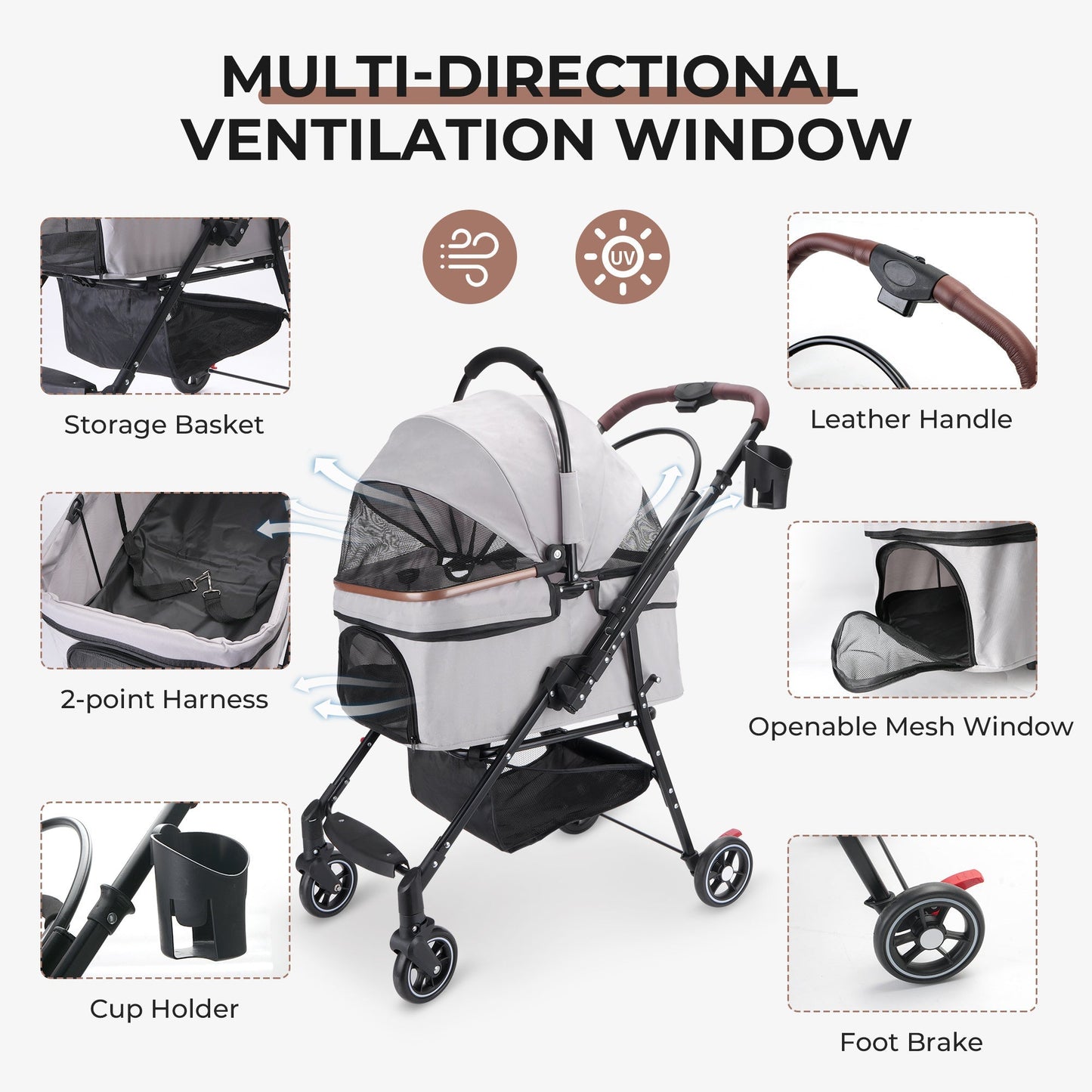 4-Wheel Foldable Pet Stroller for Dogs and Cats by HouseOfZazla, gray fabric, leather handle on Tampa Home & Garden Store