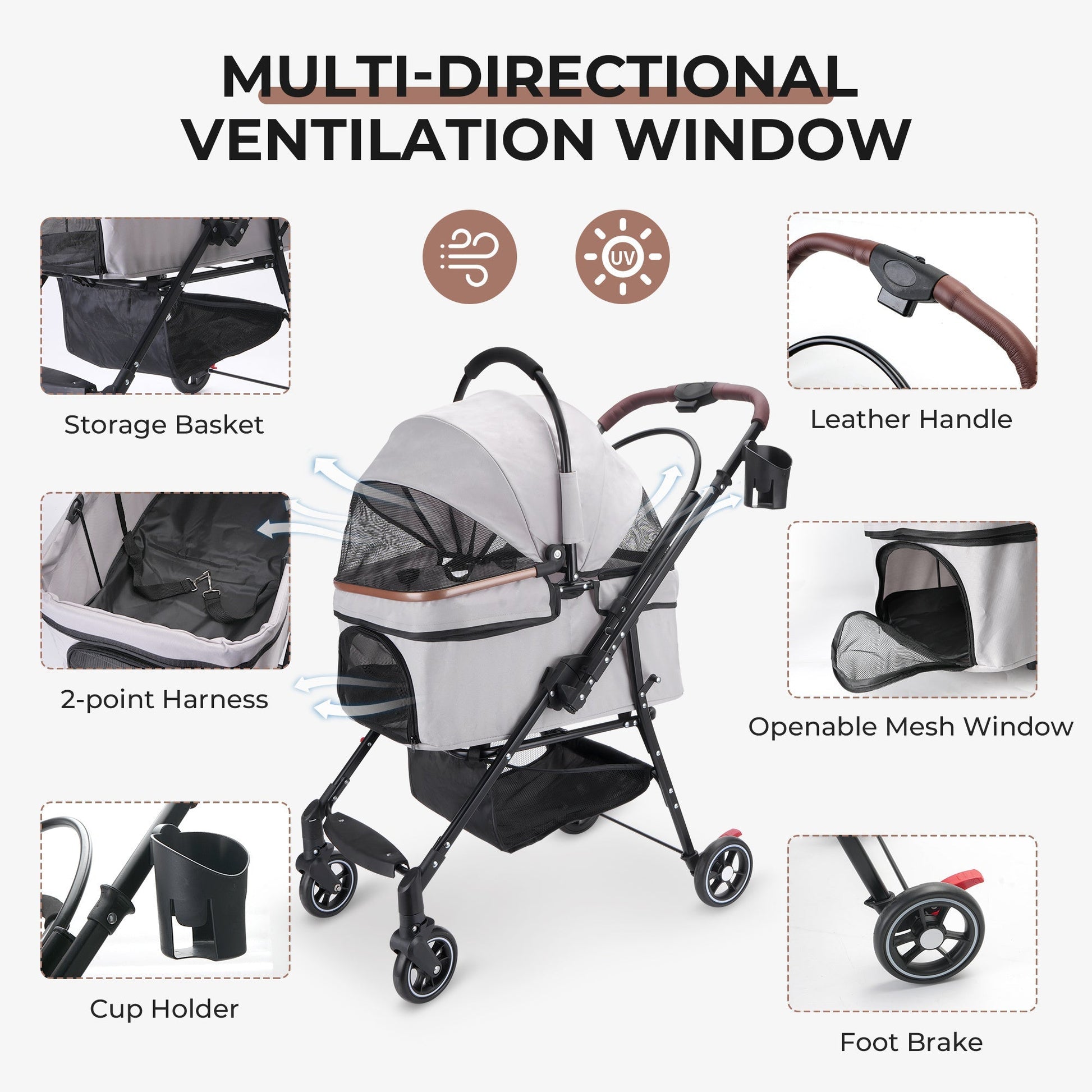 4-Wheel Foldable Pet Stroller for Dogs and Cats by HouseOfZazla, gray fabric, leather handle on Tampa Home & Garden Store