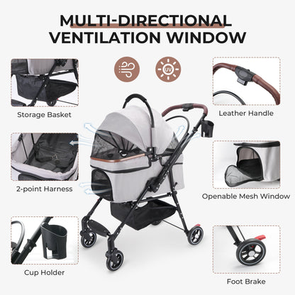 4-Wheel Foldable Pet Stroller for Dogs and Cats by HouseOfZazla, gray fabric, leather handle on Tampa Home & Garden Store