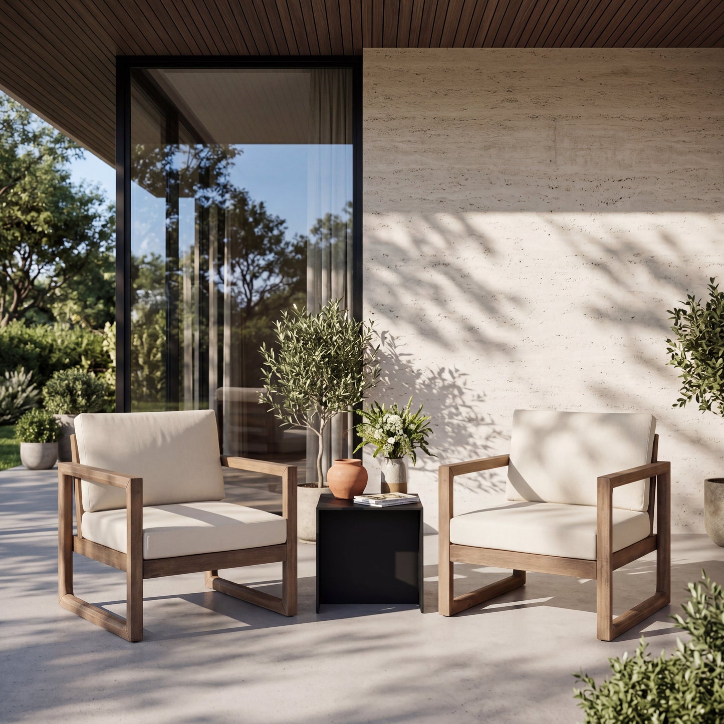 Set of 2 outdoor acacia wood patio club chairs with beige cushions by HouseOfZazla on Tampa Home & Garden Store