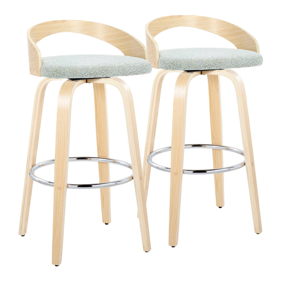 Contemporary fixed-height barstools with swivel cushioned gray seats and natural wood legs on Tampa Home & Garden Store