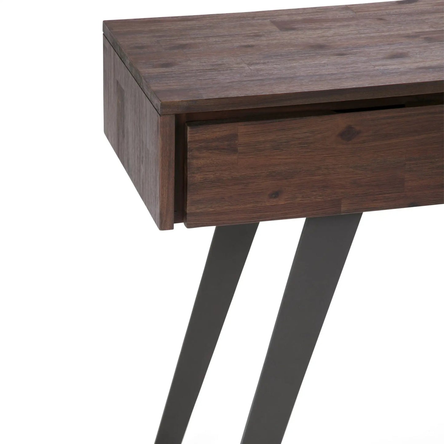 Lowry Handcrafted Console Sofa Table top view in dark walnut with grain and curved black legs on Tampa Home & Garden Store