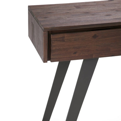Lowry Handcrafted Console Sofa Table top view in dark walnut with grain and curved black legs on Tampa Home & Garden Store