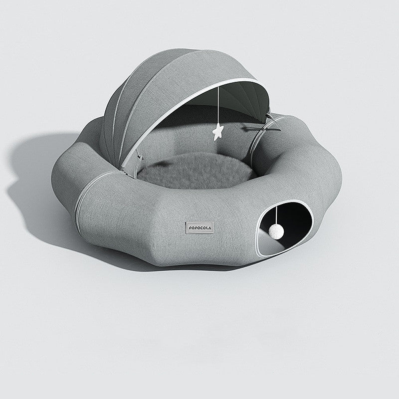 Round grey cat tunnel nest bed with partial cover and plush summer mat, hanging star on Tampa Home & Garden Store