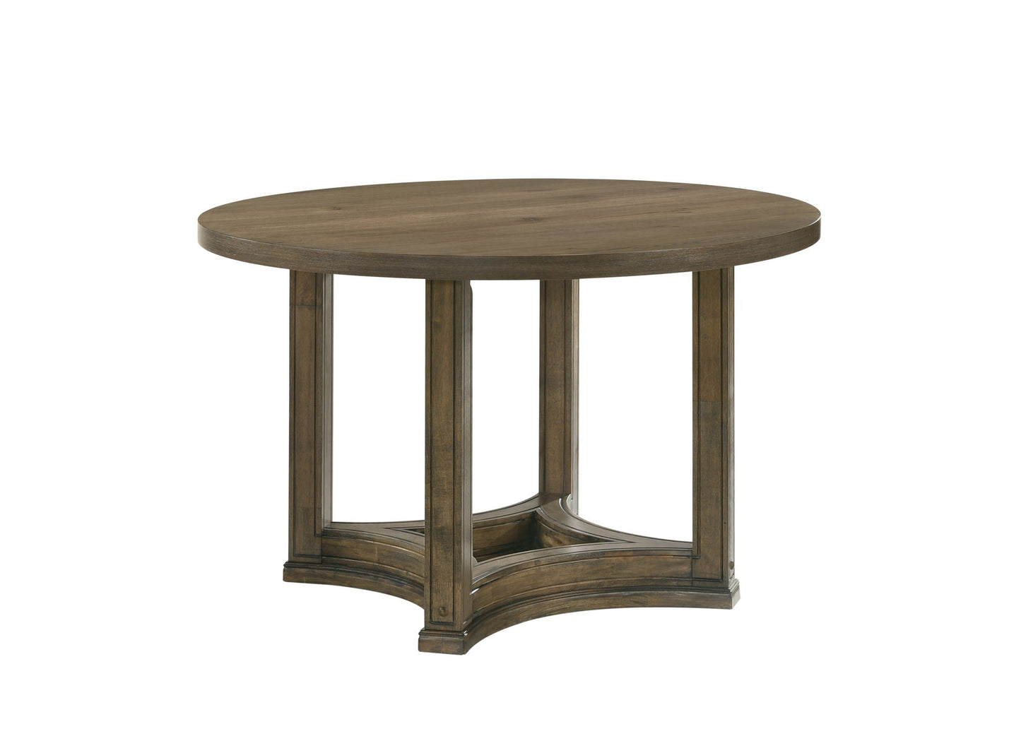 Parfield Weathered Oak Round Dining Table by HouseOfZazla, round oak table with curved pedestal base on Tampa Home & Garden Store