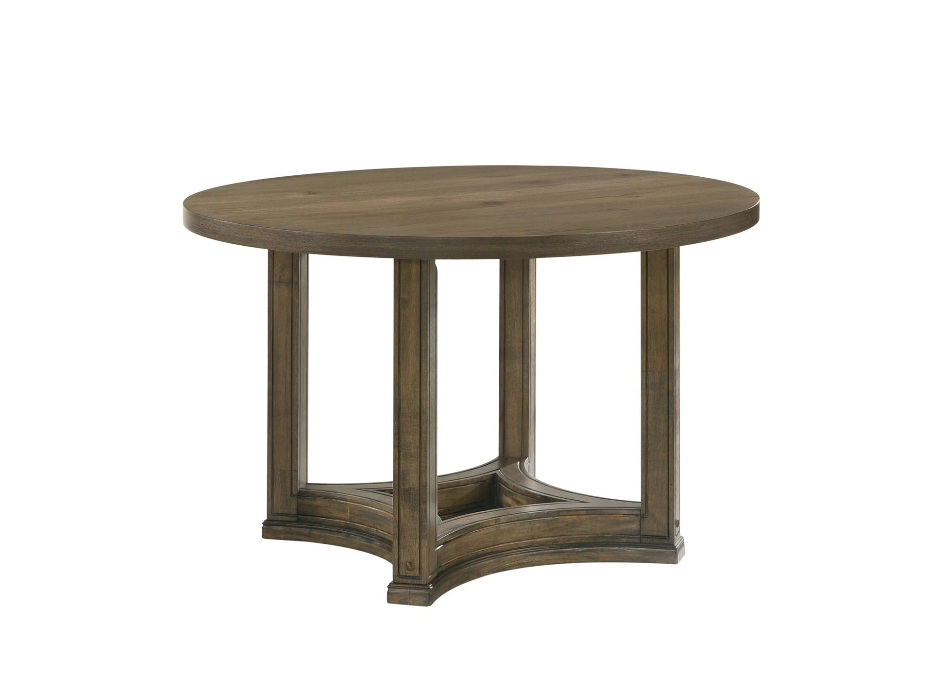 Parfield Weathered Oak Round Dining Table by HouseOfZazla, round oak table with curved pedestal base on Tampa Home & Garden Store