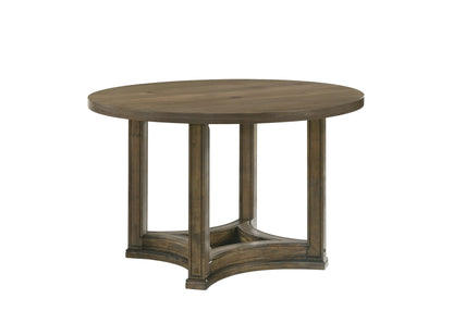 Parfield Weathered Oak Round Dining Table by HouseOfZazla, round oak table with curved pedestal base on Tampa Home & Garden Store