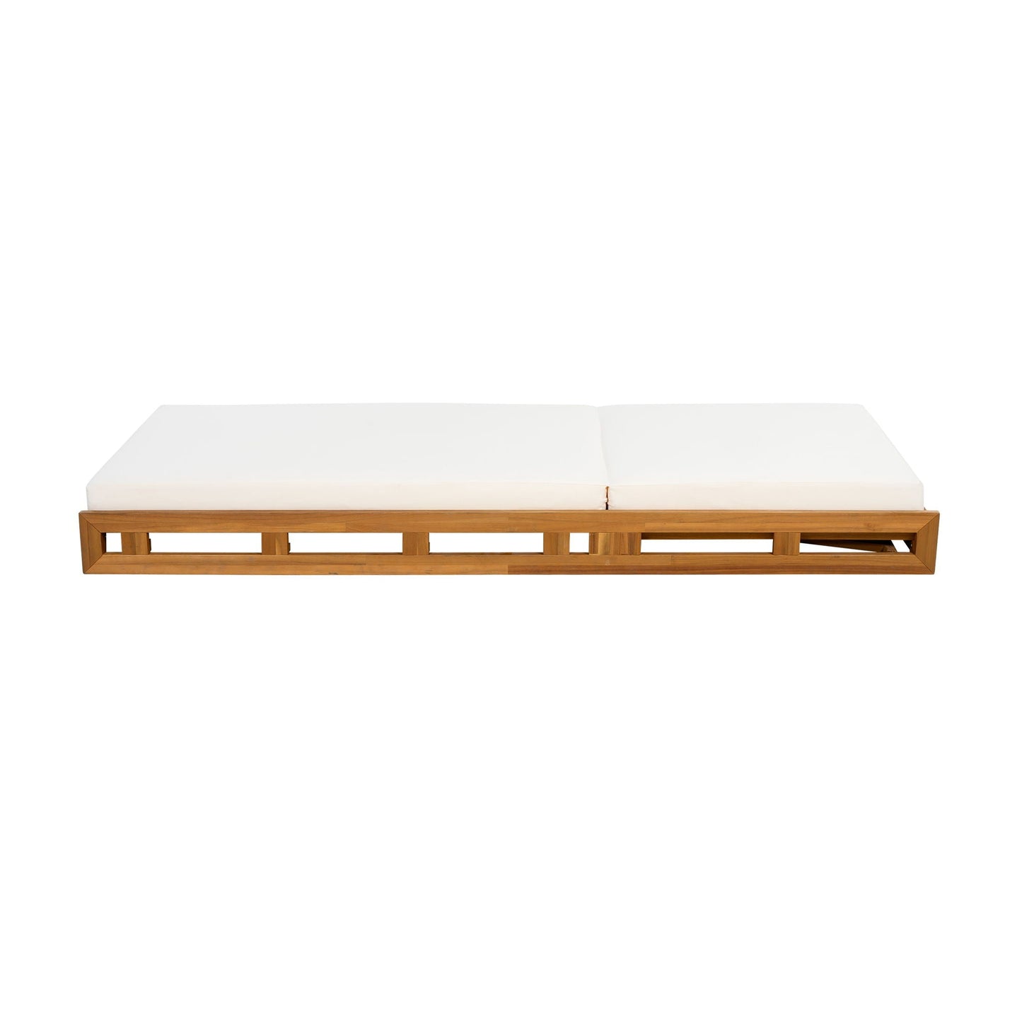 Acacia wood lounge chaise by HouseOfZazla, cream cushions, adjustable recline, teak finish on Tampa Home & Garden Store