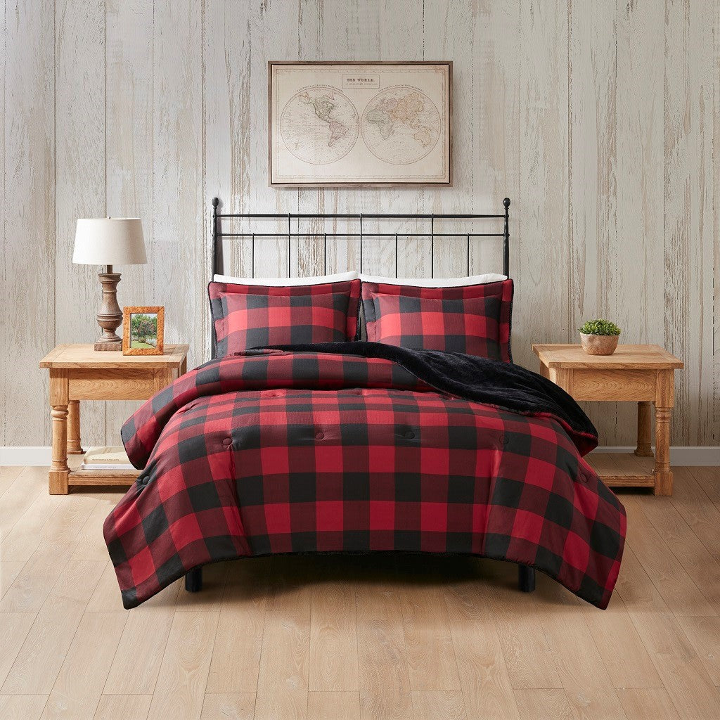 King/Cal King HouseOfZazla red buffalo plaid faux wool to faux fur down alternative comforter set on Tampa Home & Garden Store