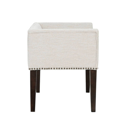 Welburn upholstered bench with low back in beige fabric, nailhead trim, dark wood legs on Tampa Home & Garden Store