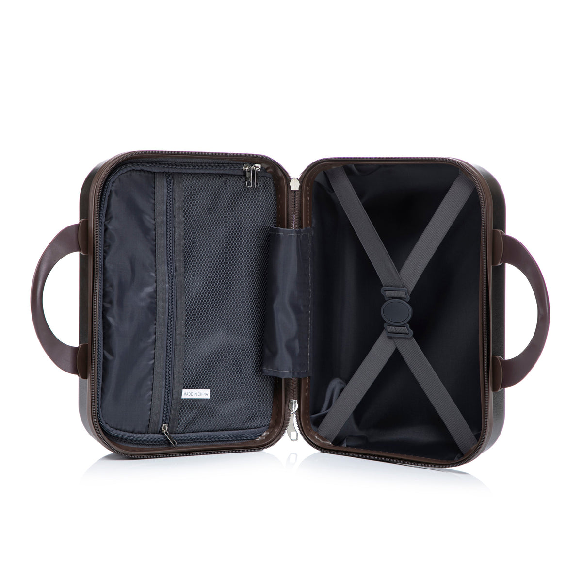 14' & 20' ABS spinner luggage set interior with cosmetic case, brown shell, black lining on Tampa Home & Garden Store