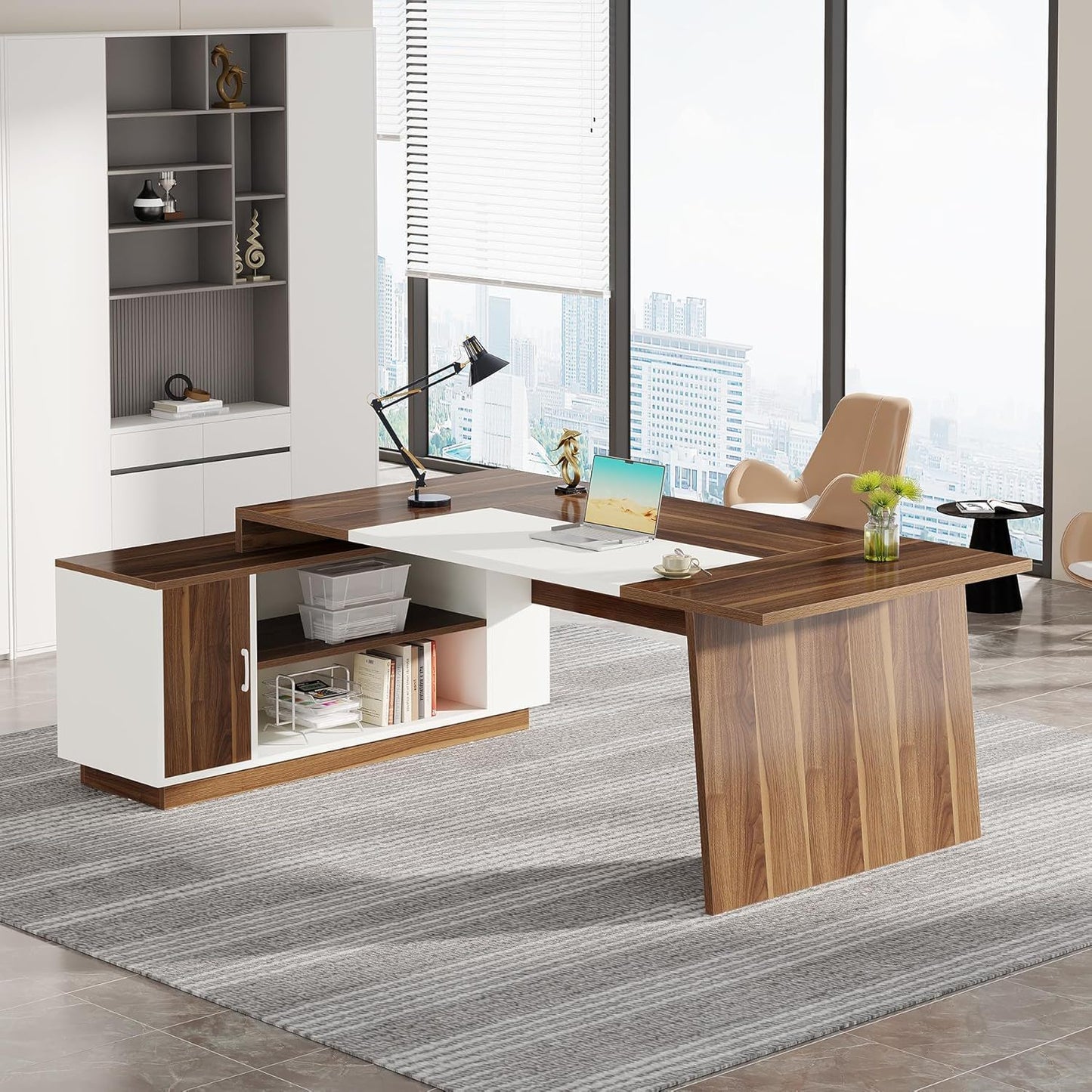 L-shaped executive desk in white and walnut with storage cabinet and shelves HouseOfZazla on Tampa Home & Garden Store