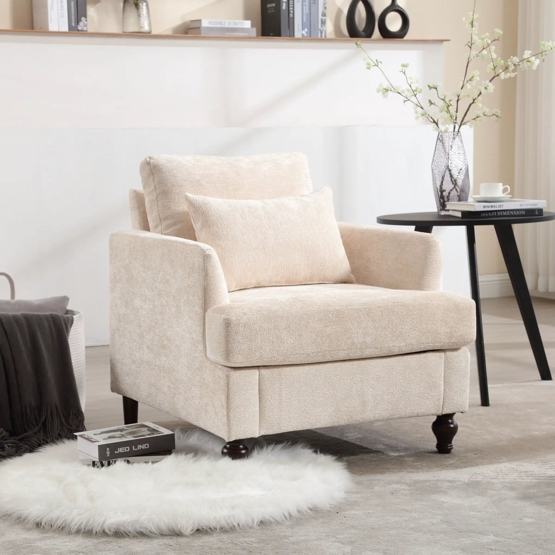 Modern Mid Century Wood Frame Armchair with tufted beige fabric by Unique Piece Furniture on Tampa Home & Garden Store