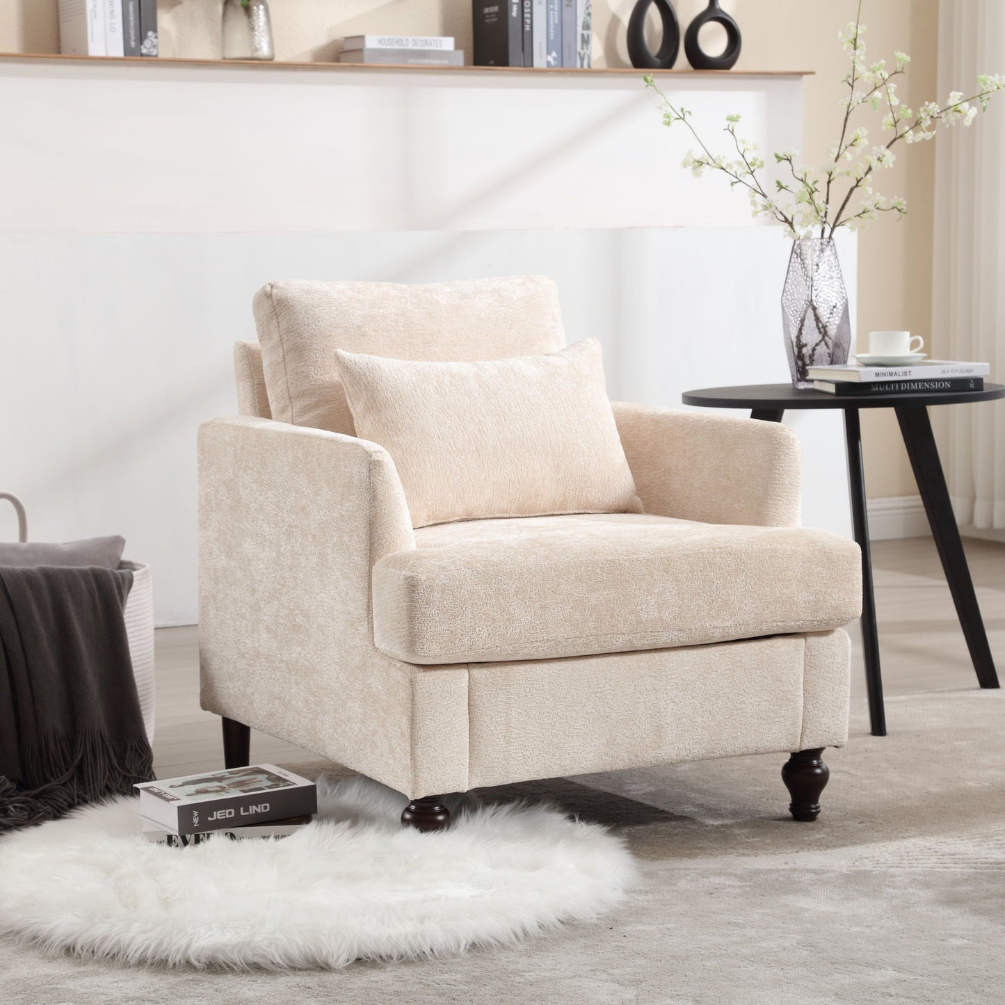 Modern Mid Century Wood Frame Armchair with Tufted Design in beige fabric by HouseOfZazla on Tampa Home & Garden Store