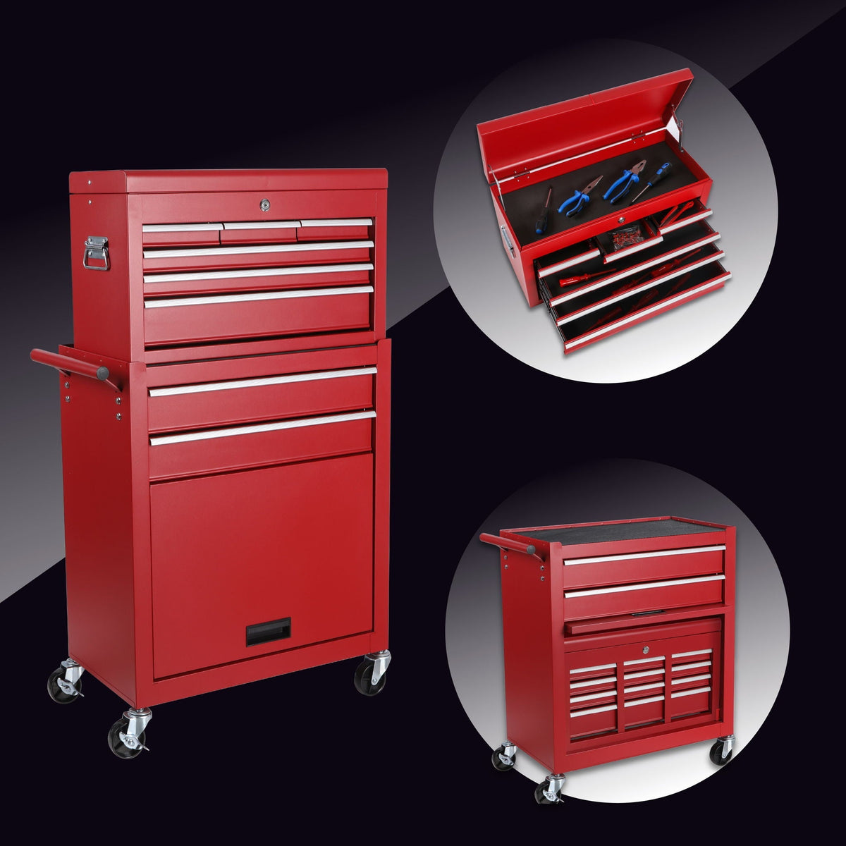 HouseOfZazla red 8-drawer rolling tool chest with detachable top box and lockable wheels on Tampa Home & Garden Store