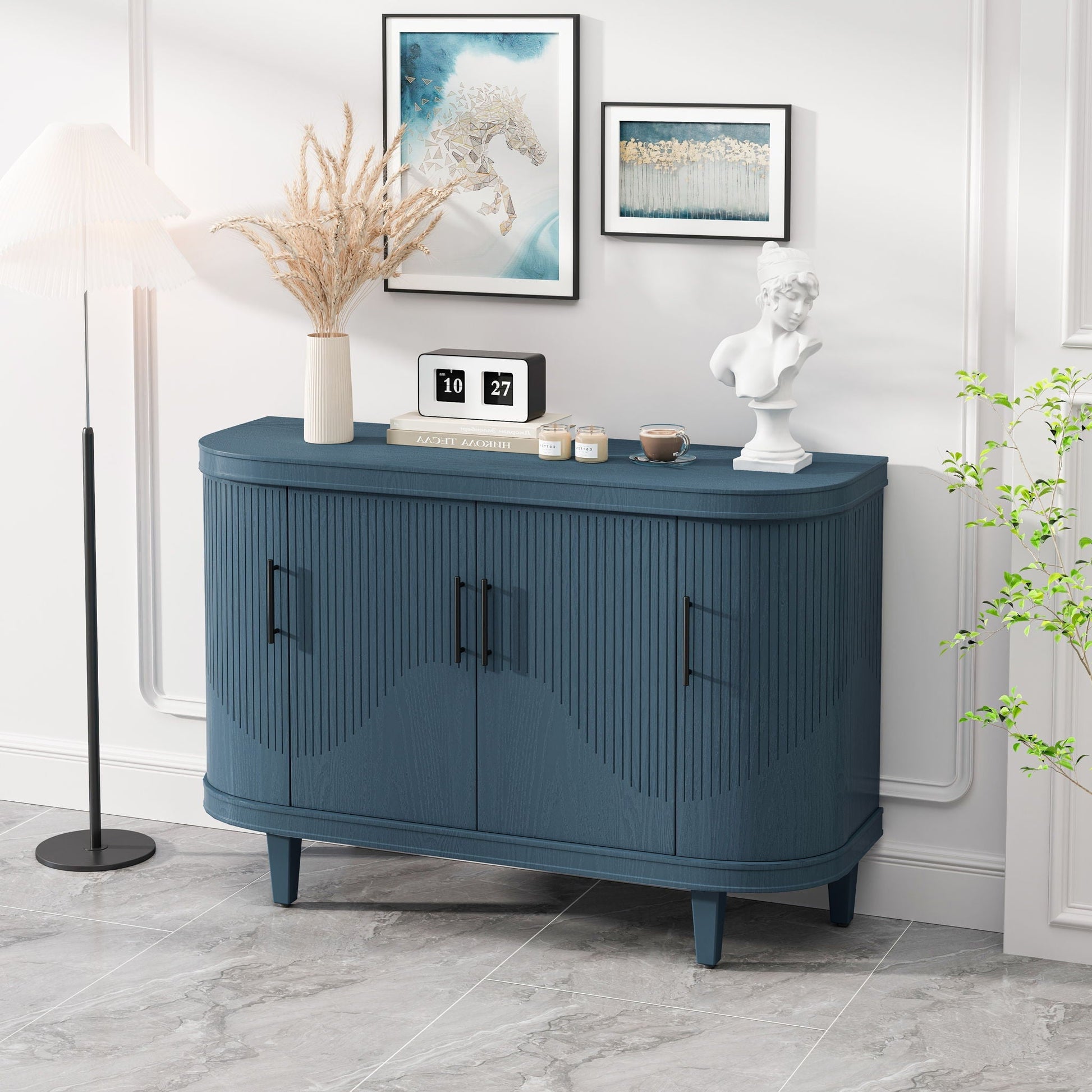 Blue curved wooden sideboard with four doors and ribbed panels decorative items on top on Tampa Home & Garden Store