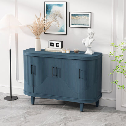 Blue curved wooden sideboard with four doors and ribbed panels decorative items on top on Tampa Home & Garden Store