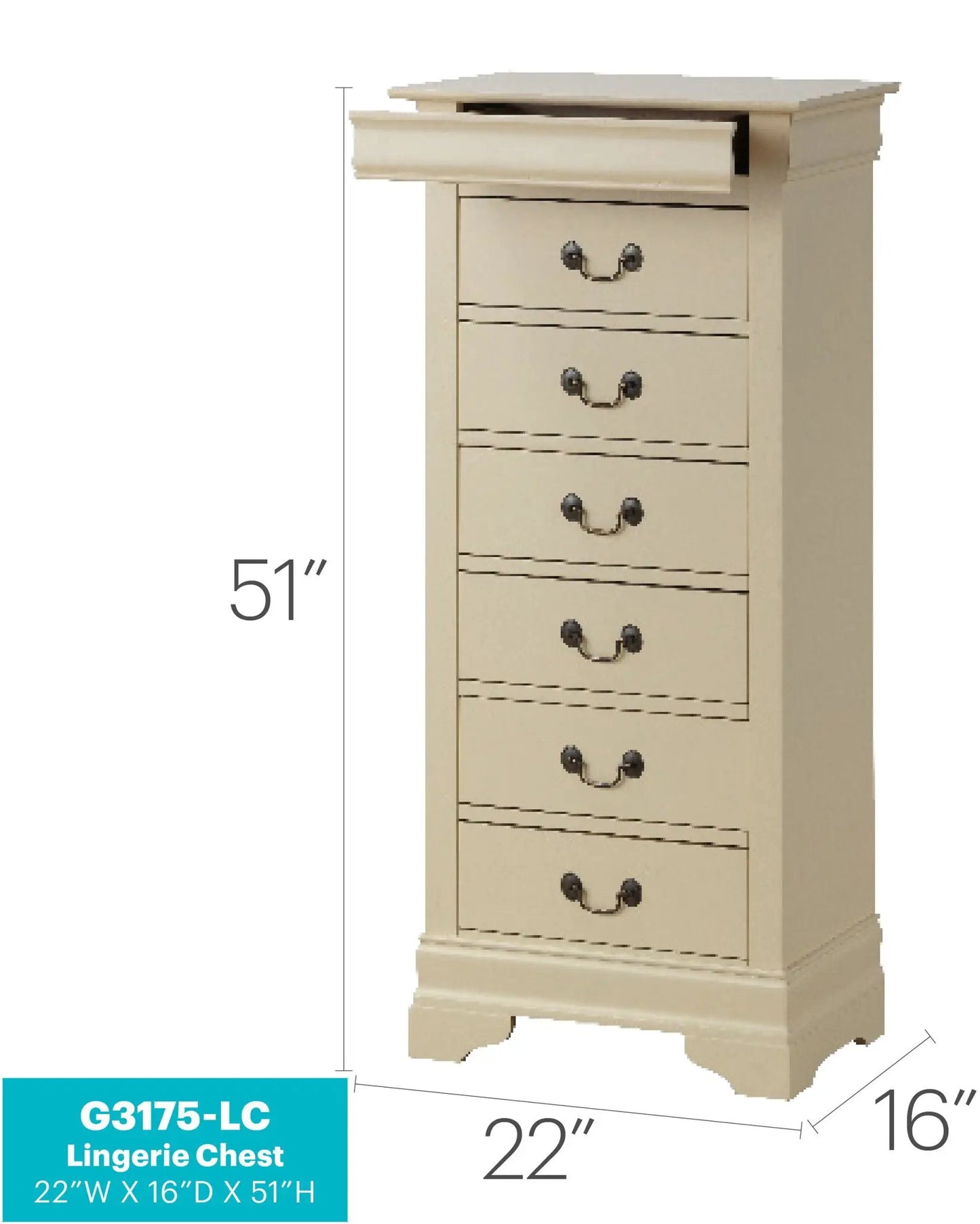 Traditional Lingerie Chest cream finish with brass pulls 22W x 16D x 51H by Unique Piece on Tampa Home & Garden Store