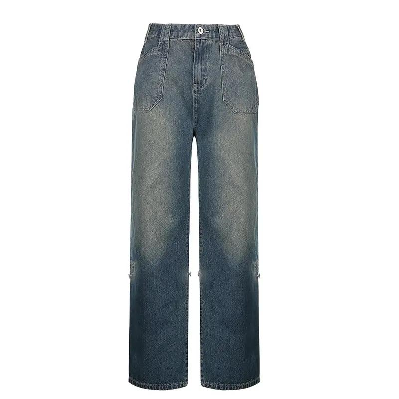 Vintage blue high-rise loose straight-leg jeans by FLIPSTYLEZLLC, faded denim on Tampa Home & Garden Store