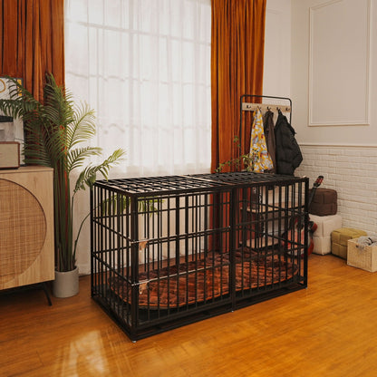 Extra Large Heavy Duty Dog Crate in black metal with removable pans, shown in modern living room on Tampa Home & Garden Store