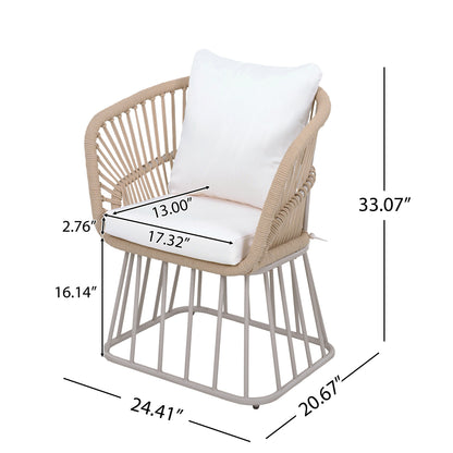 Outdoor 7-Piece Dining Set with teak table and beige wicker chairs on Tampa Home & Garden Store