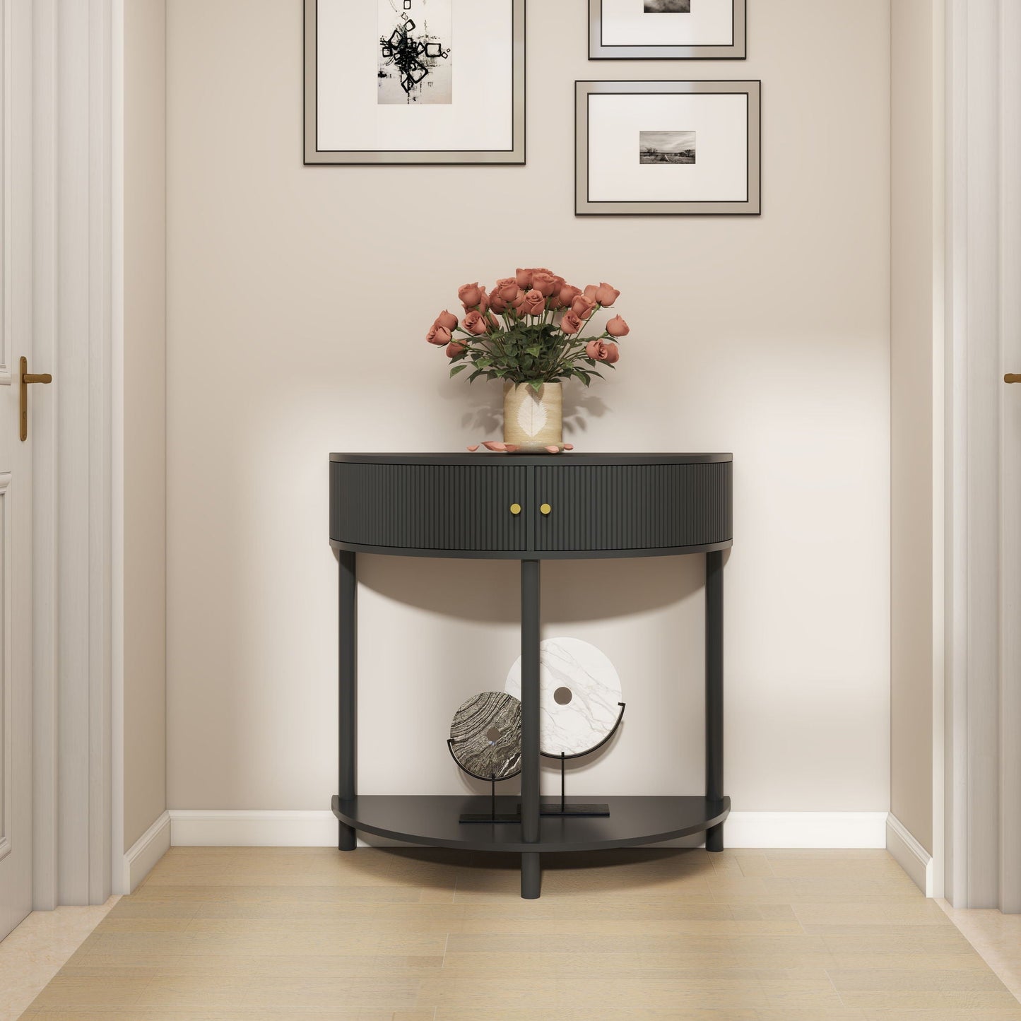 Demi Lune Console Table with 2 Storage Drawers, black ribbed finish, gold knobs, roses on top on Tampa Home & Garden Store