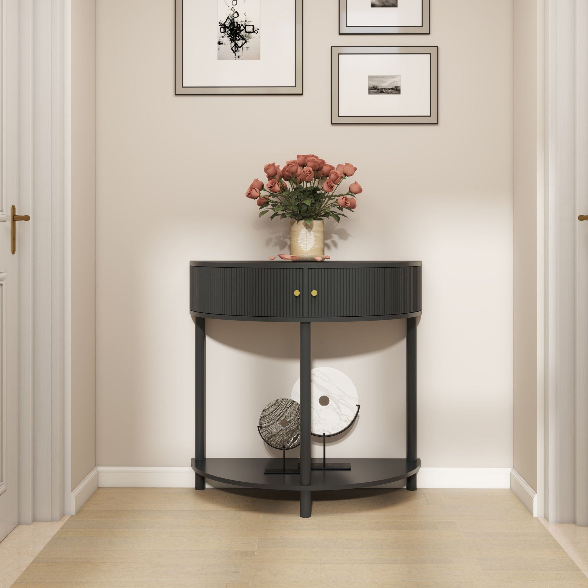 Demi Lune Console Table with 2 Storage Drawers, black ribbed finish, gold knobs, roses on top on Tampa Home & Garden Store