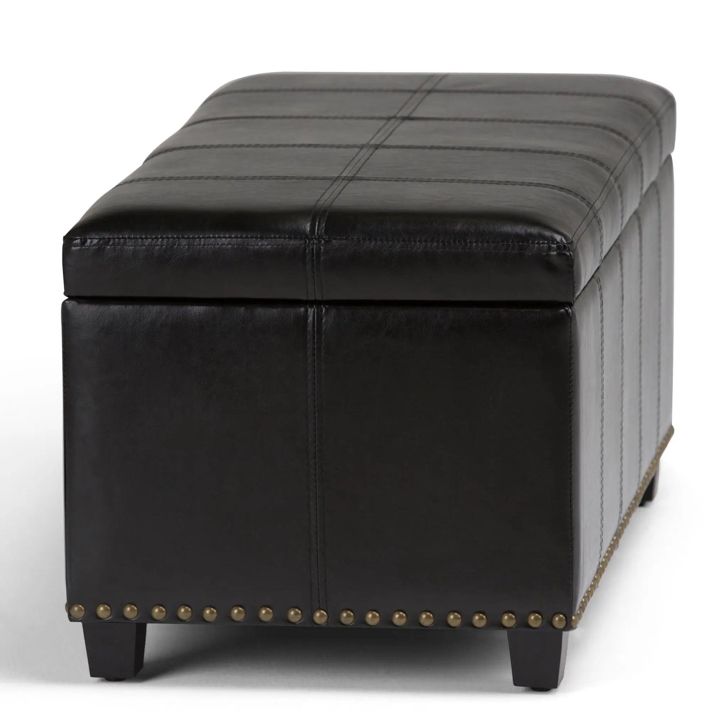 Amelia storage ottoman bench in black leather with grid-stitched top and brass nailhead trim on Tampa Home & Garden Store