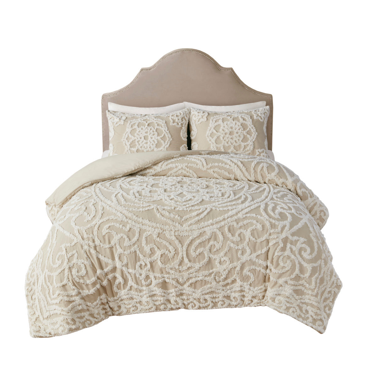 King/Cal King tufted cotton duvet cover set with beige chenille medallion design and two shams on Tampa Home & Garden Store
