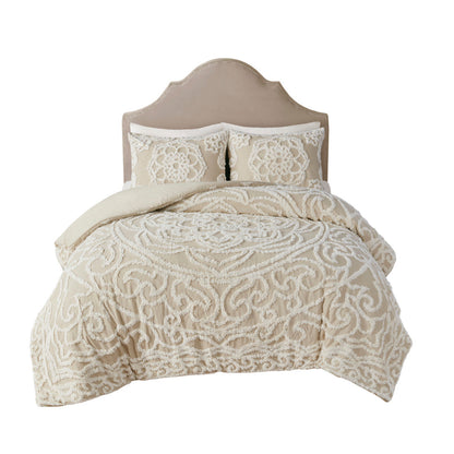 King/Cal King tufted cotton duvet cover set with beige chenille medallion design and two shams on Tampa Home & Garden Store