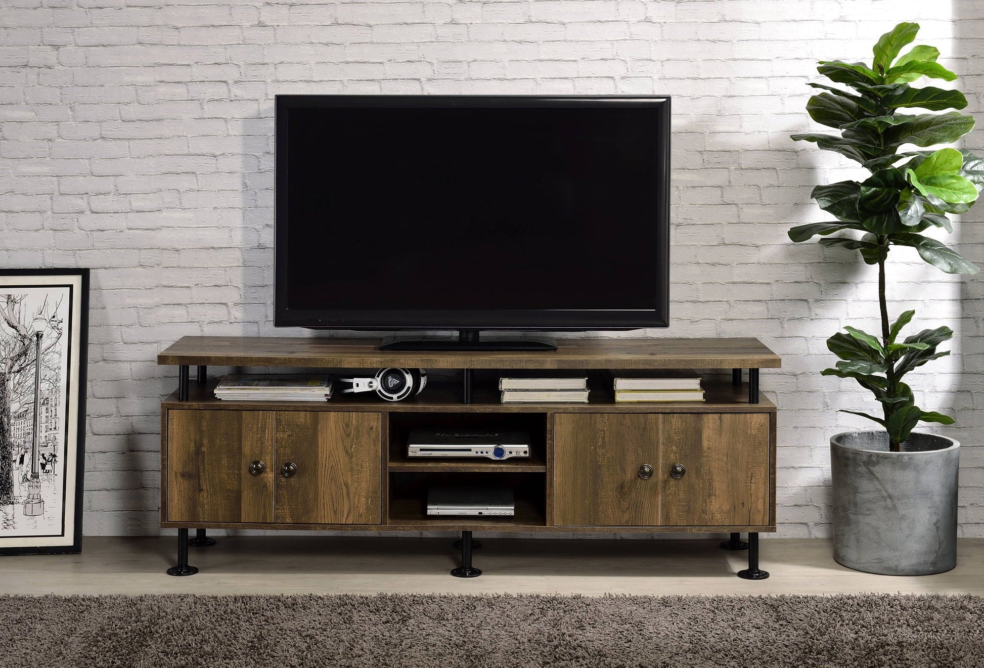 Ensata II TV stand by HouseOfZazla in rustic oak with black metal legs and open shelves on Tampa Home & Garden Store