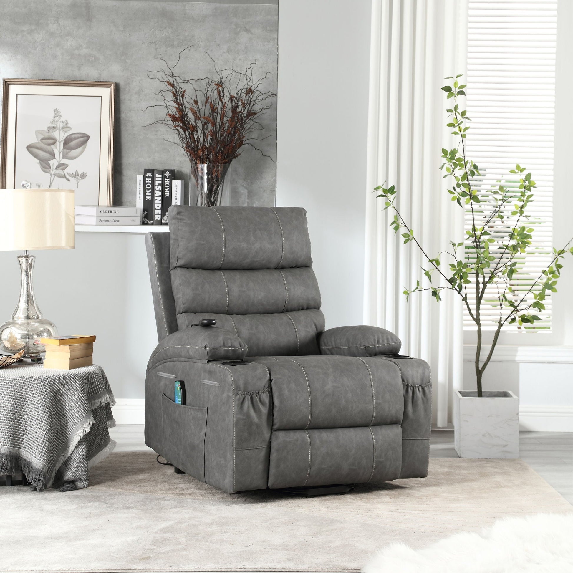 HouseOfZazla lift chair recliner in gray fabric with massage and heat side pockets on Tampa Home & Garden Store