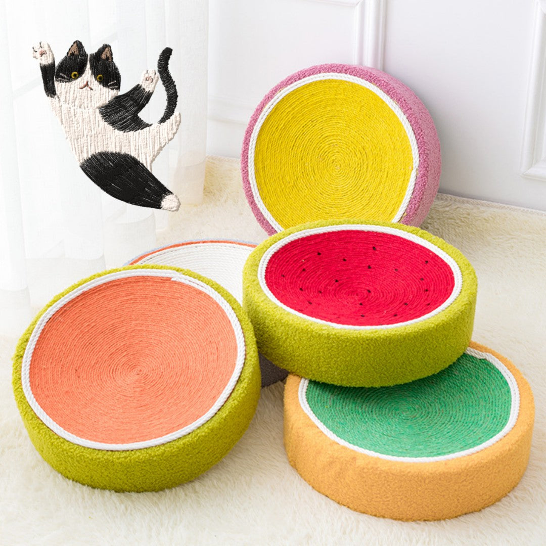 Sell My Stuff cat scratchers: four round cardboard bowls in yellow pink orange and green on Tampa Home & Garden Store