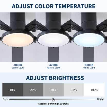 HouseOfZazla black flush mount ceiling fan with LED light and remote, 3 temps 3000K/4200K/6000K on Tampa Home & Garden Store