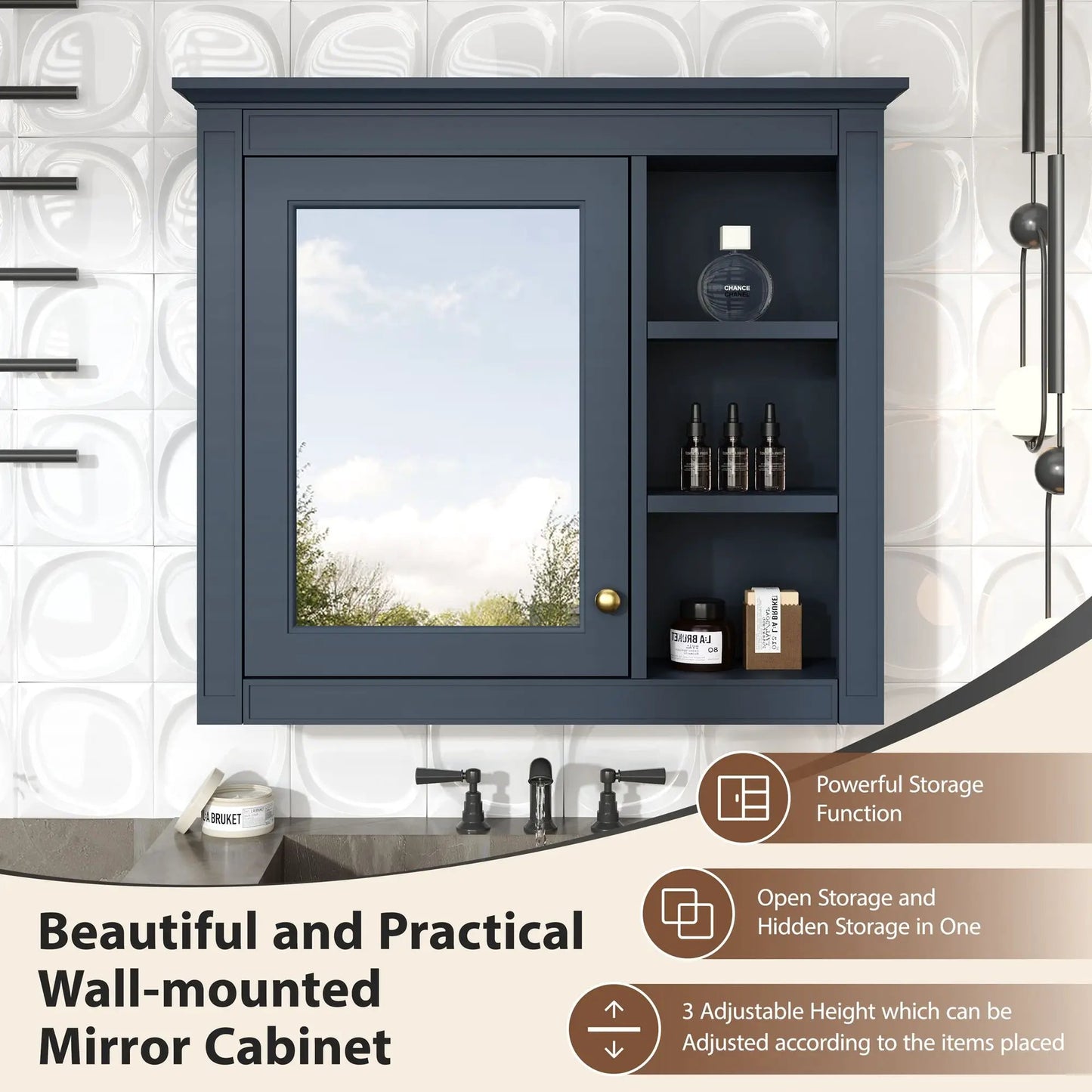 Wall Mounted Cabinet With Mirror and Open Shelves