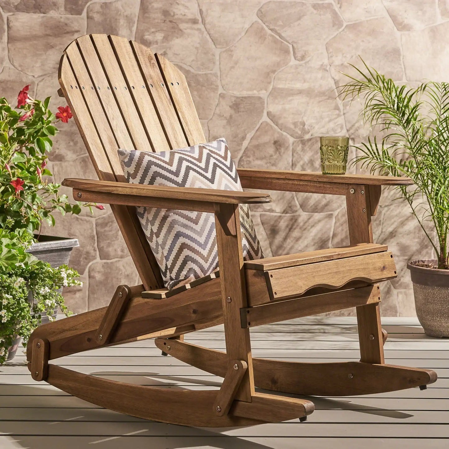 Outdoor Adirondack rocking chair with hand crafted details in natural wood by HouseOfZazla on Tampa Home & Garden Store