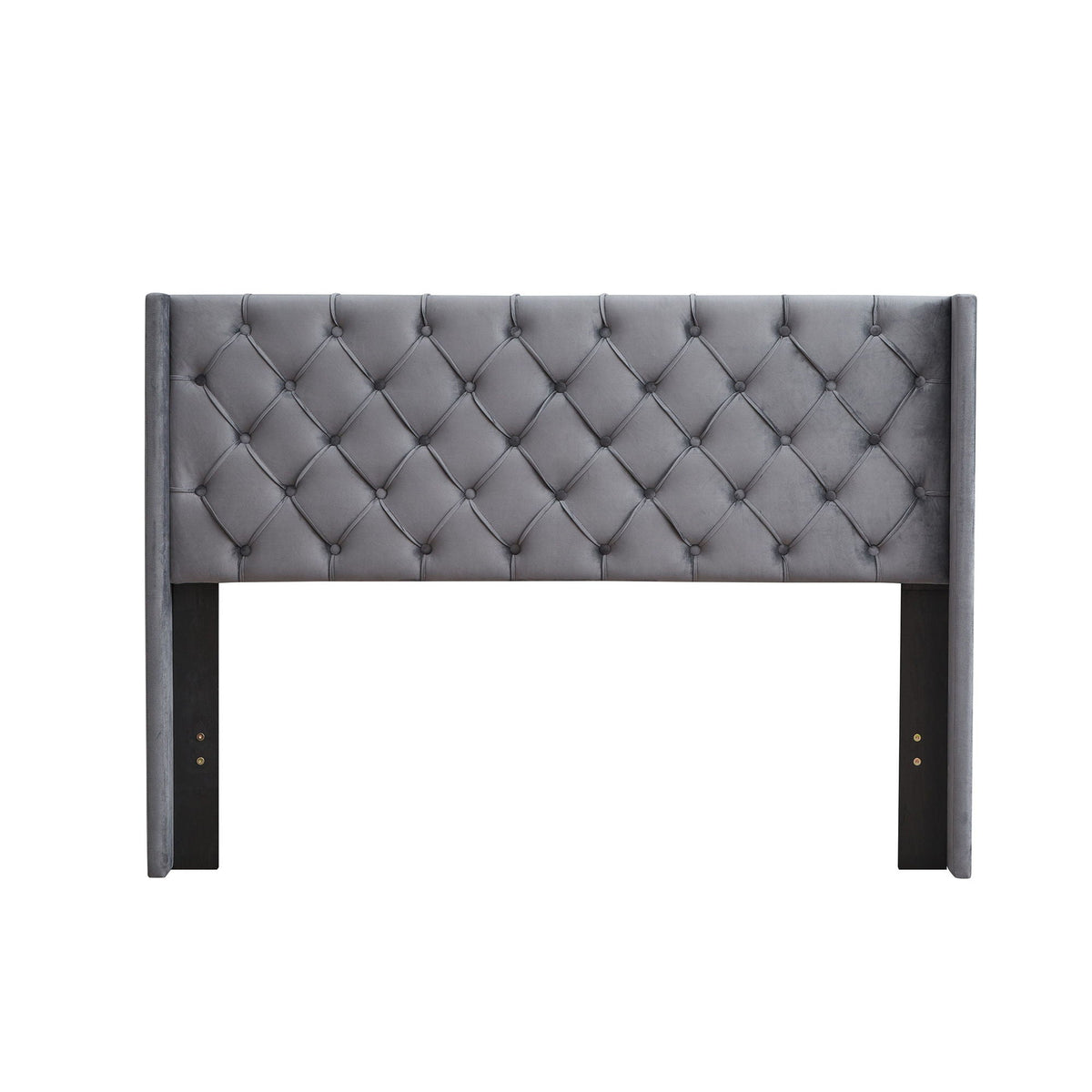 Queen platform bed headboard in gray tufted upholstery with winged sides and diamond pattern on Tampa Home & Garden Store