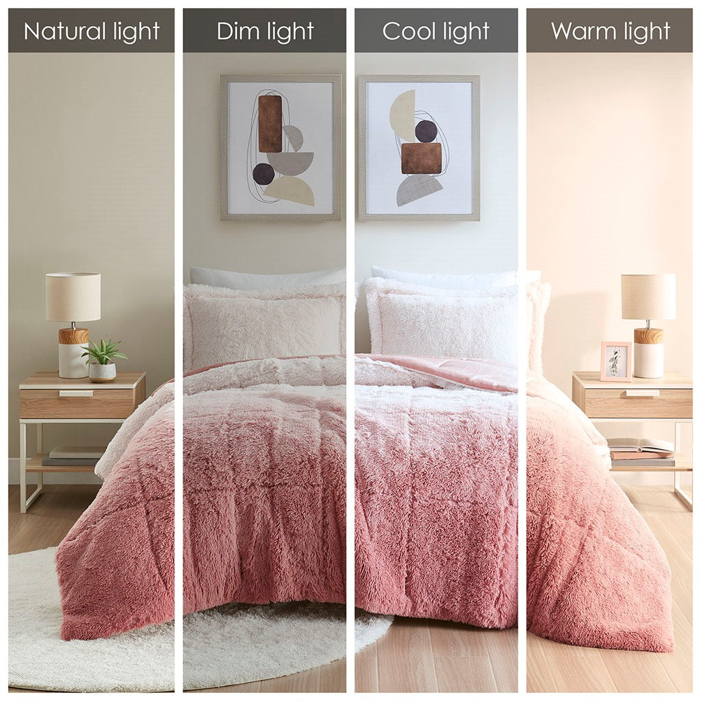 Twin/Twin XL Ombre Shaggy Long Fur Comforter Mini Set Pink ombre plush with white pillows on Tampa Home & Garden Store